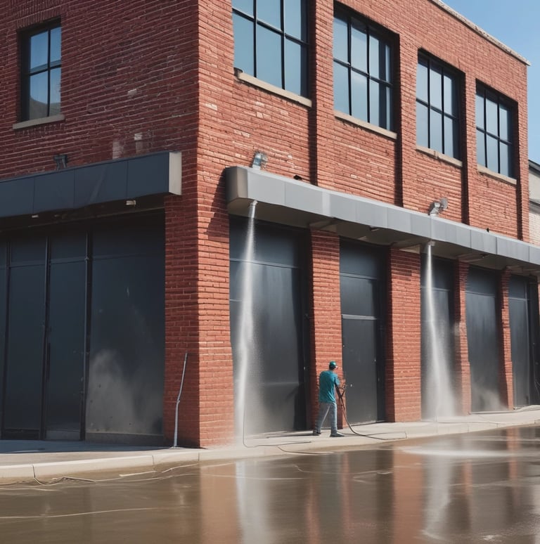A person is washing a car with a pressure washer, applying soap foam all over the vehicle. The scene takes place in a driveway next to a garage, with suburban houses in the background. The person is wearing a cap and appears to be focused on cleaning the car.
