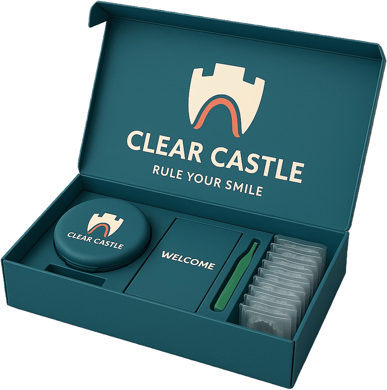 a blue box with a Clear Castle transparent dental aligners kit