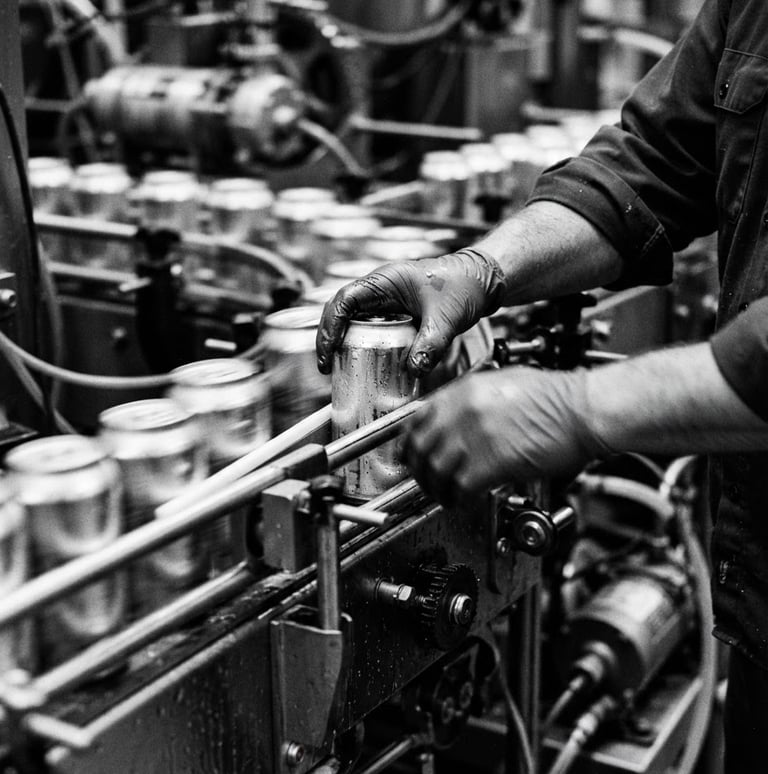 Dramatic black-and-white close-up of hands inspecting a high-speed canning line, cool metallic tones, shallow depth of field, 35mm