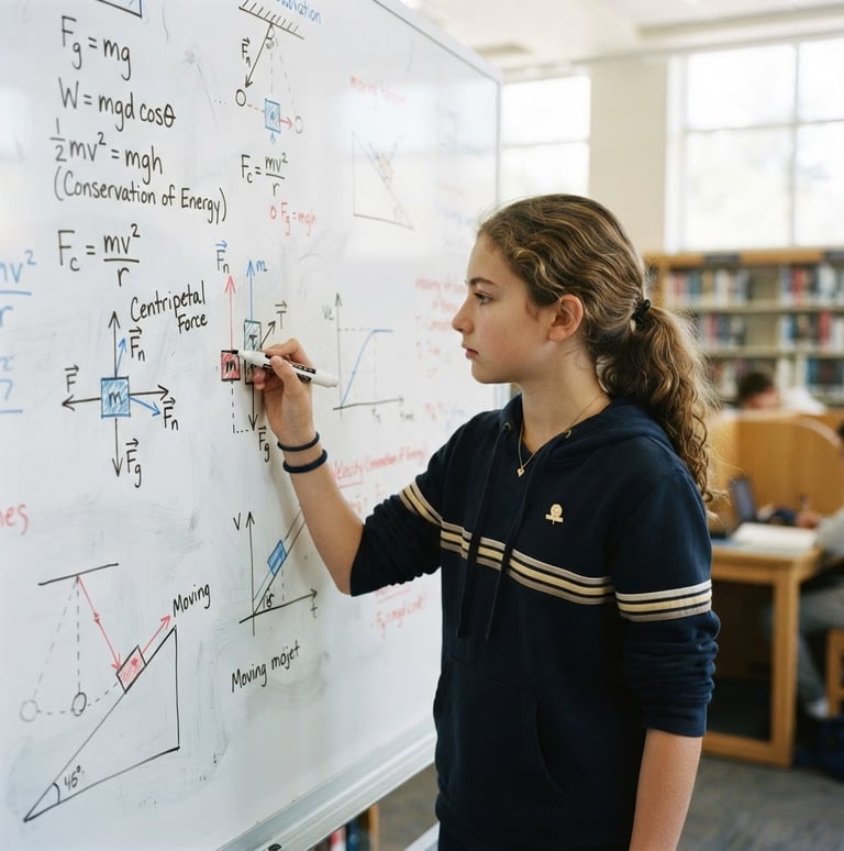 A focused middle-school student sketching a complex physics diagram on a physical whiteboard, bright natural library light, deep navy and gold accents, crisp focus, 35mm