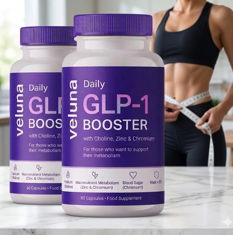Veluna GLP-1 Booster weight management supplement bottles for metabolism and blood sugar support.