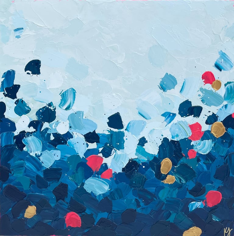 Kate Young abstract painting, size 24x24, blue and gold, Guelph artist