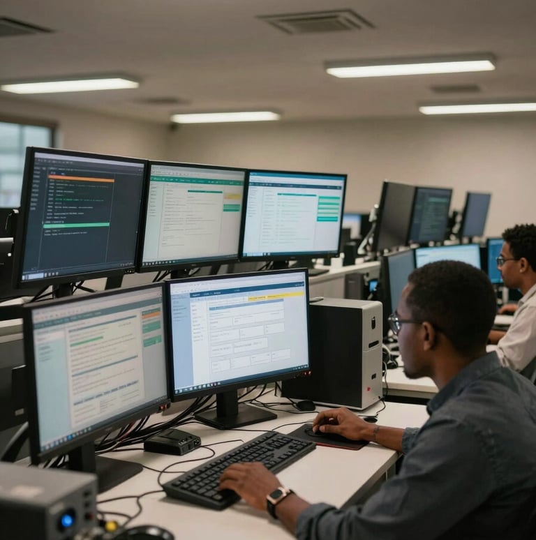 Wide shot of an active office workspace in Dar es Salaam, multiple monitors displaying data dashboards and system interfaces, overhead fluorescent lighting, cables and equipment visible, a quiet productive environment during working hours