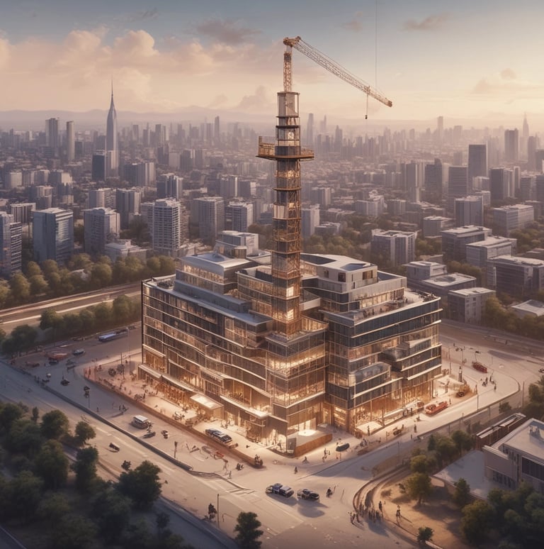 A busy construction site with workers and machinery actively building a modern structure.