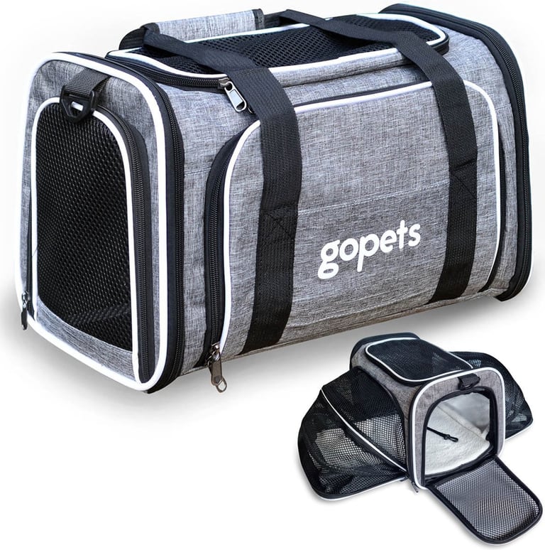 Grijze Gopets draagtas voor hond en kat met uitklapbare mesh zijkanten en zachte fleece mat