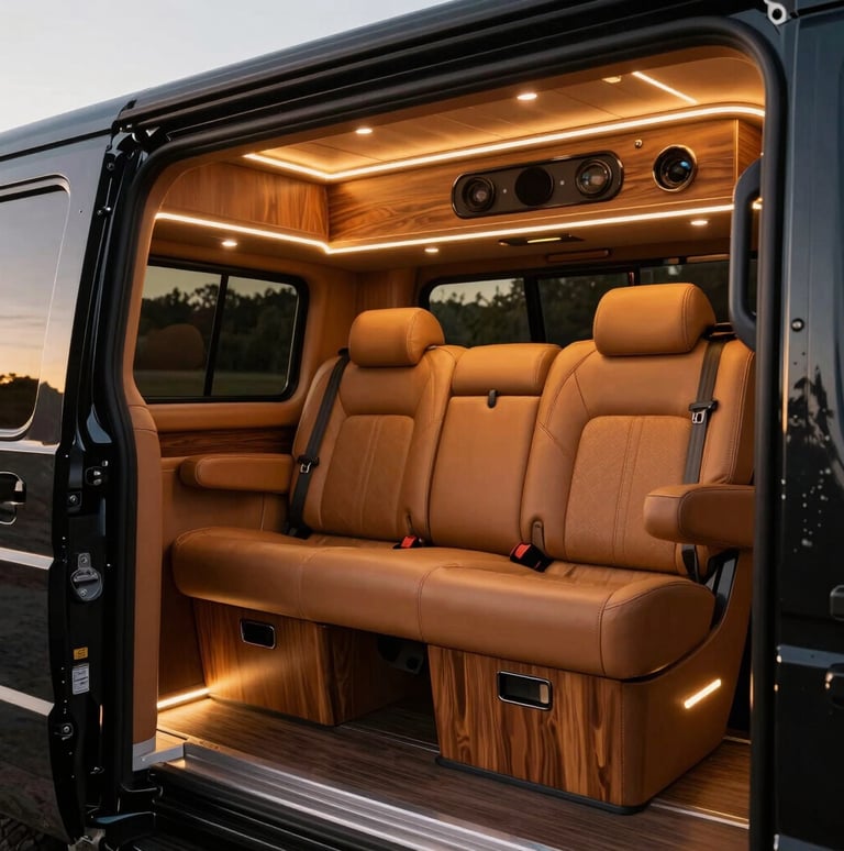 Bespoke interior of a luxury horse truck living cabin, premium leather seating in warm tan, polished wood finishes, and warm ambient LED lighting, commercial lens.