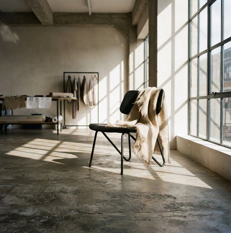 Minimalist architectural interior of a high-fashion design studio, sharp shadows from window light, concrete floors, a single hemp textile draped over a modern chair, low angle, wide shot, 35mm film.