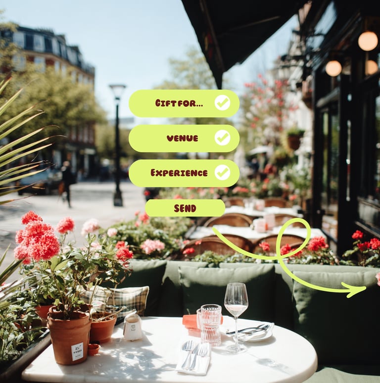 Mobile gifting app interface over a sunny café terrace scene, showing how to send a local dining exp