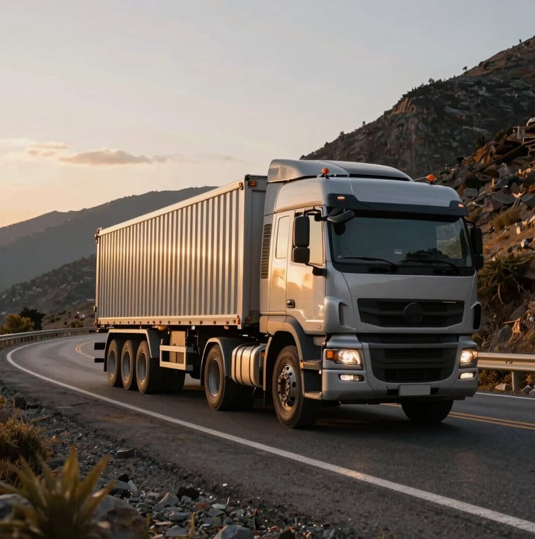 Low-angle wide shot of a multi-axle heavy transport truck navigating a winding Andean mountain highway under dramatic golden hour morning light, high contrast, industrial power.