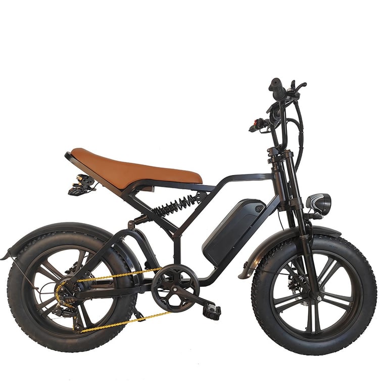 a black and white bike with a brown seat