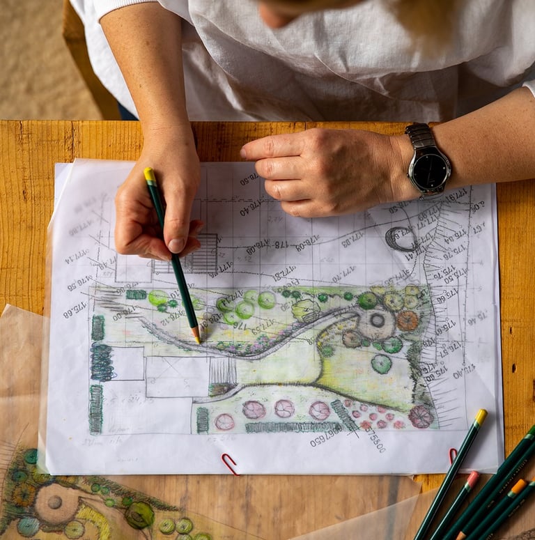 dizaineris piešia kraštovaizdžio eskizą spalvotu pieštuku