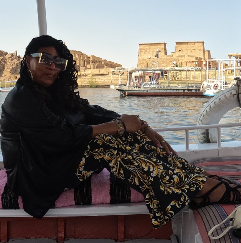 Davida Roze on a faluca on the Nile River at the Temple of Isis Aswan Egypt September 2022