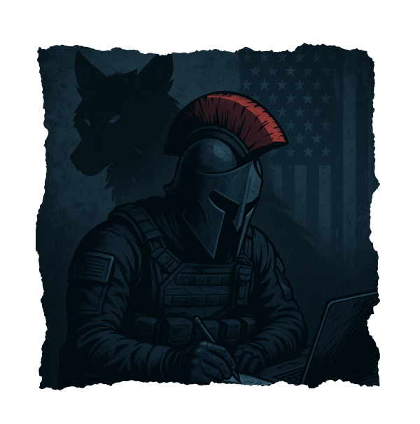 Alpha VI Chronicles storytelling artwork featuring wolf mascot, military heritage, patriotic clothes