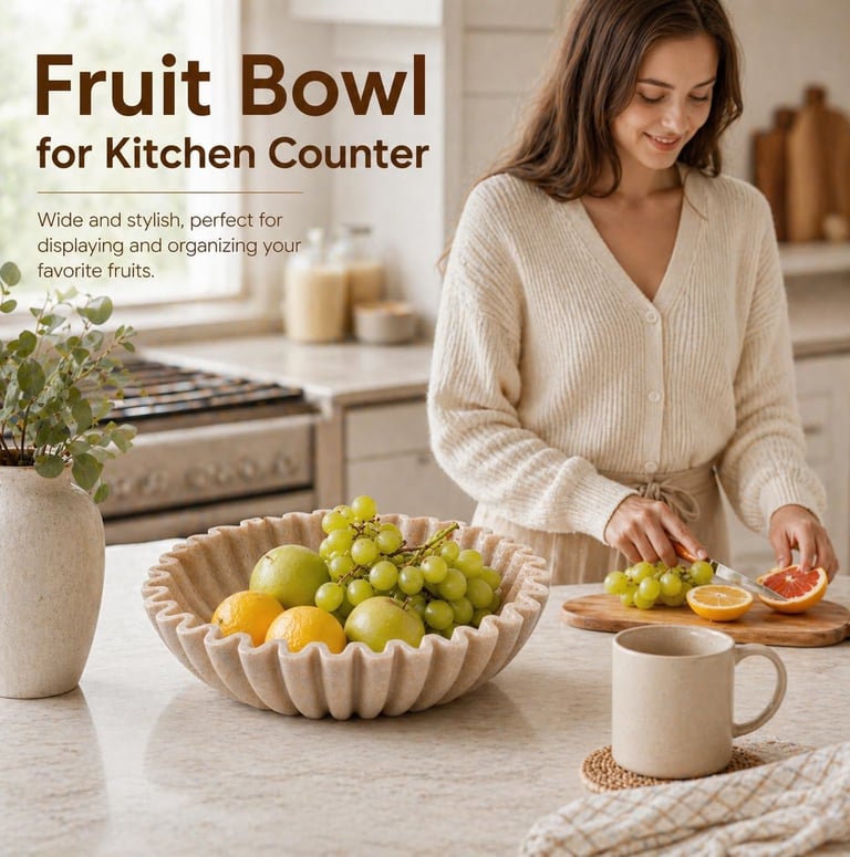 A stylish stone fruit bowl for kitchen counters filled with fresh grapes and citrus fruits.