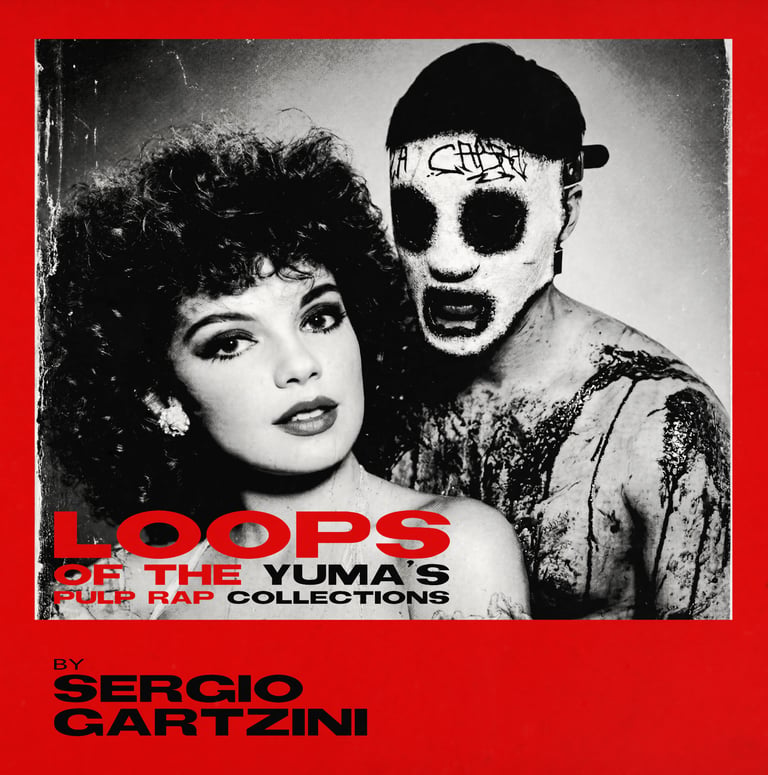 Black and white pulp rap cover for Loops of the Yuma by Sergio Gartzini featuring a masked figure and a woman.