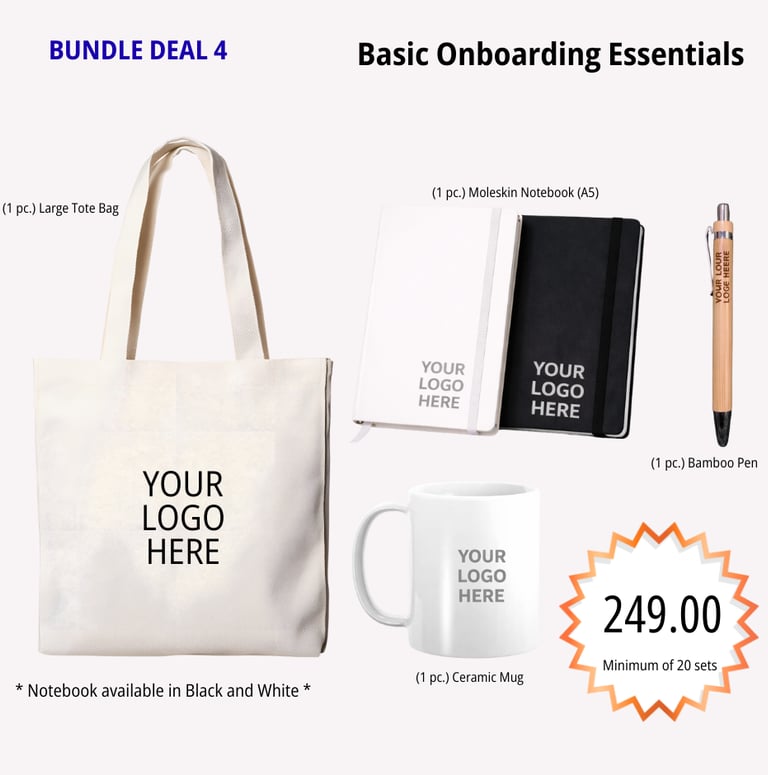 Basic onboarding essentials bundle with notebook, bamboo pen, tote bag, and mug personalized for emp