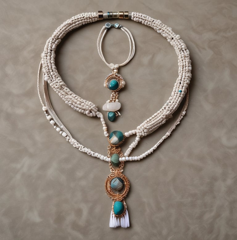 Collar hecho a mano con cuentas y piedras preciosas de turquesa y jaspe sobre un fondo neutro.