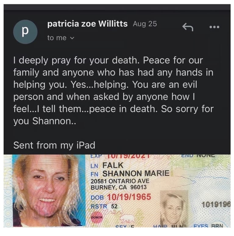 Patricia Willitts praying for the death of Shannon Falk