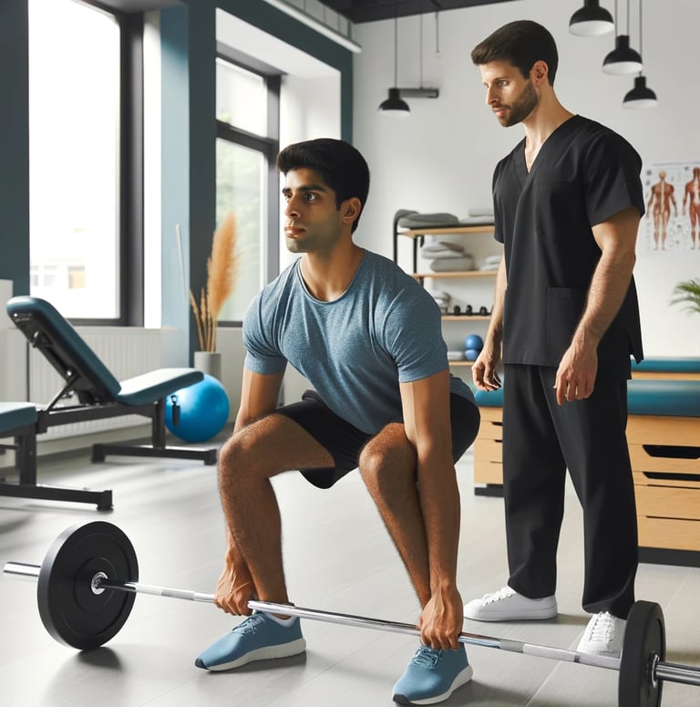 a man is doing a barbell squat exercise under a physiotherapist guidance