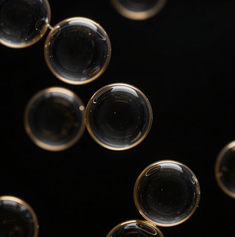 Dark luxury macro photography of abstract fluid dynamics of gold-rimmed vesicles, high-contrast low-key lighting, deep black background, 85mm