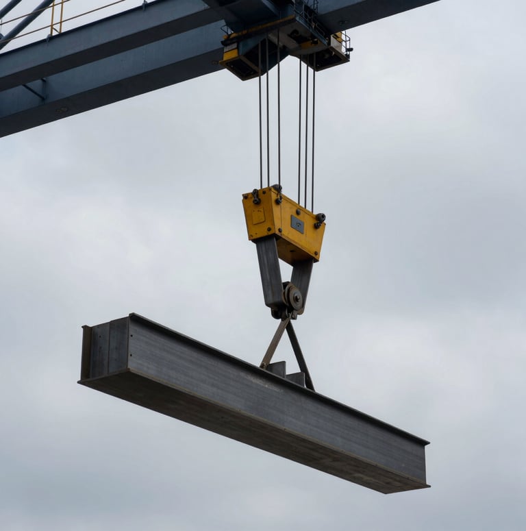 Close-up of a heavy industrial crane lifting a steel structural beam, sharp focus on cables and steel texture, dramatic overcast sky