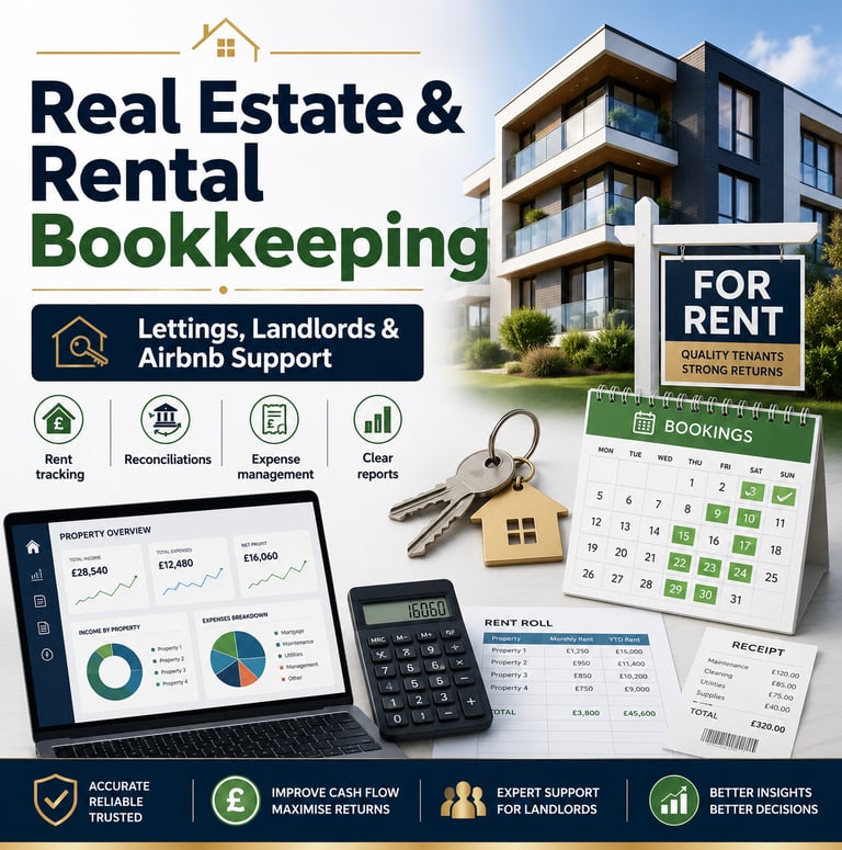 Real estate bookkeeping services for landlords, letting agents, rental properties, and Airbnb-style 