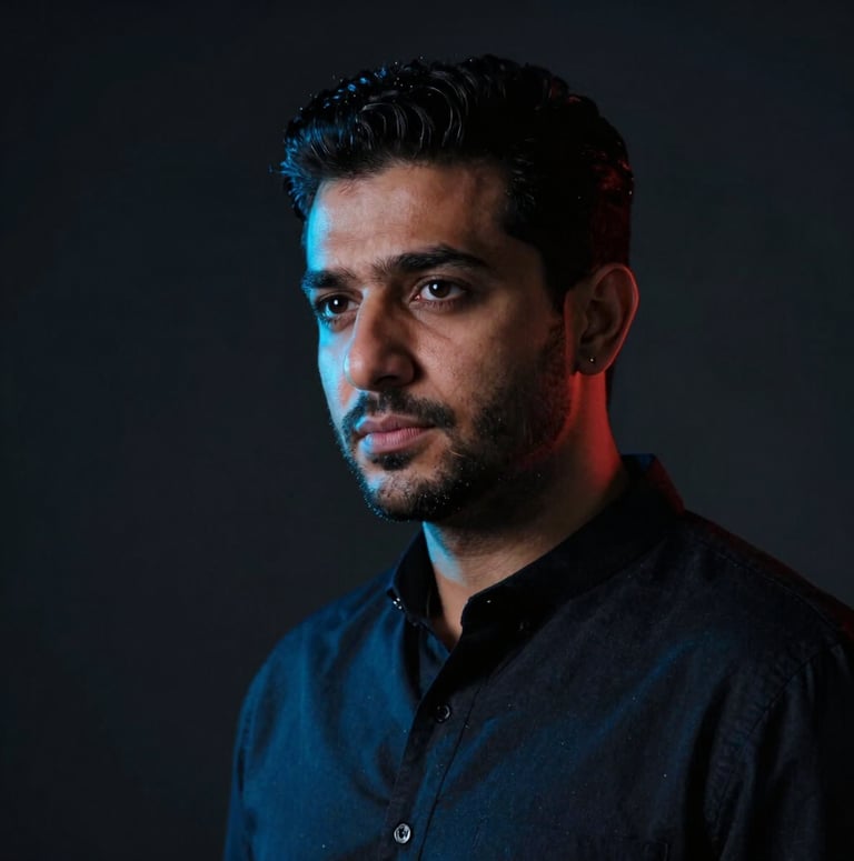 Professional portrait of Abdullah Rafaqat, a focused man in a moody studio setting, low-key studio lighting with neon blue accents reflecting on his face, shallow depth of field, 35mm lens, looking slightly off-camera to the left.