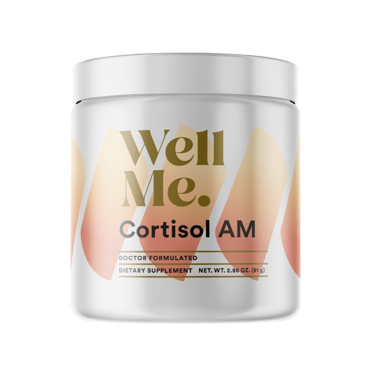 A white jar of WellMe Cortisol AM doctor-formulated dietary supplement for adrenal support and stress management.