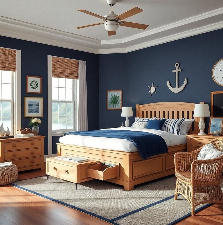 a nautical bedroom with a bed and a chair