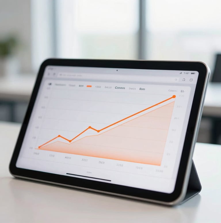 A close-up of a modern dashboard showing growing sales metrics on a tablet screen, sharp natural light, vibrant orange accent lines, clean minimalist office setting, 35mm