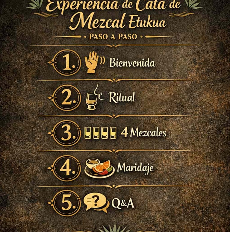nfografía vertical que muestra los 5 pasos de una cata Etukua con iconos: 1. Bienvenida, 2. Ritual, 