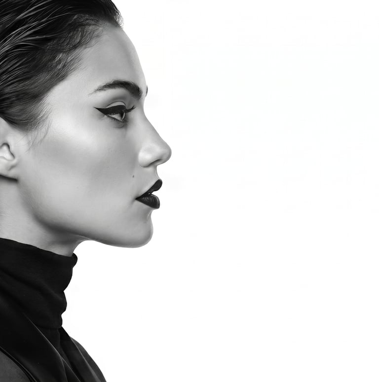 Side profile of a woman with wet hair, bold winged eyeliner, and dark lipstick against a white background.