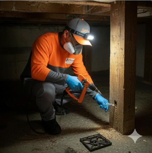 Professional pest control technician injecting termite treatment into a wooden support beam in a crawl space.