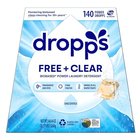 Dropps unscented non-toxic laundry detergent pods fragrance-free plastic-free packaging
