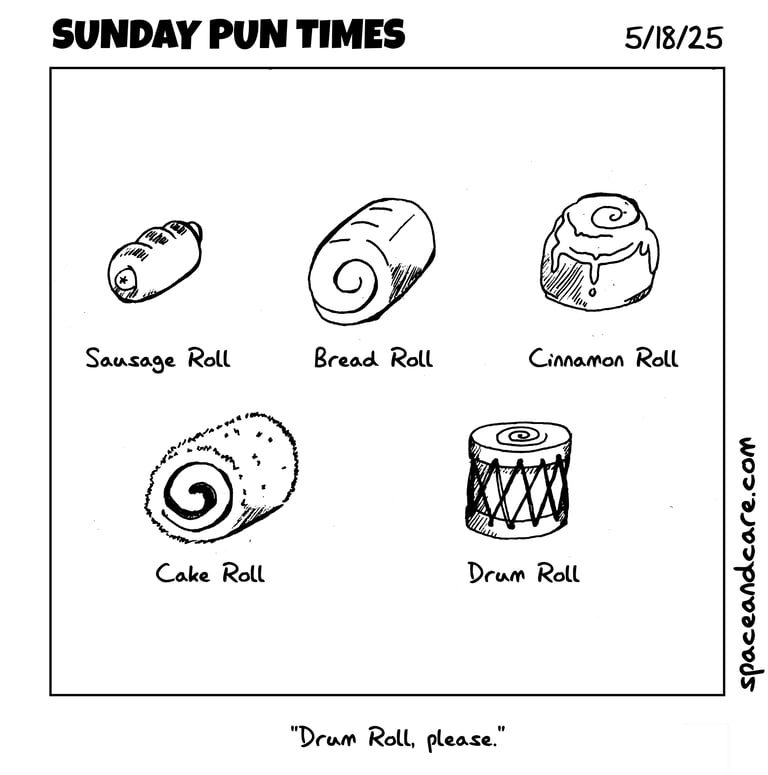 Four different breads or pastries and a little drum.