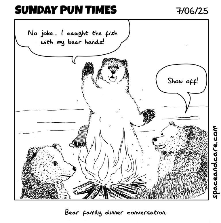 Three bears around a campfire telling stories of their feats.