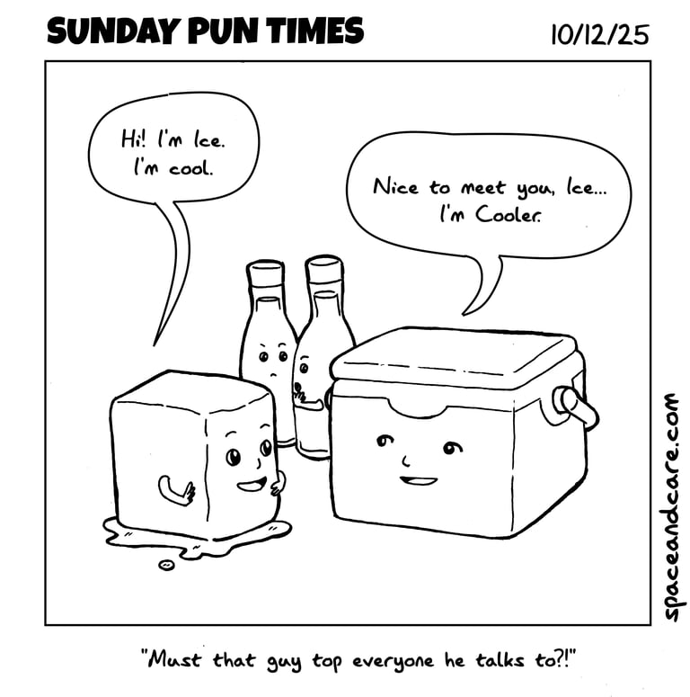 An ice and a cooler introduce themselves, while some drink bottles criticize the cooler.