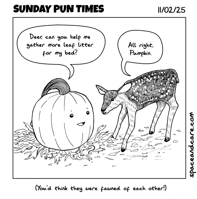 A pumpkin asking a deer to help make a leaf bed.