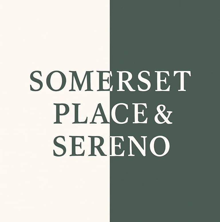 Minimalist Somerset Place & Sereno logo on a cream and forest green split background.