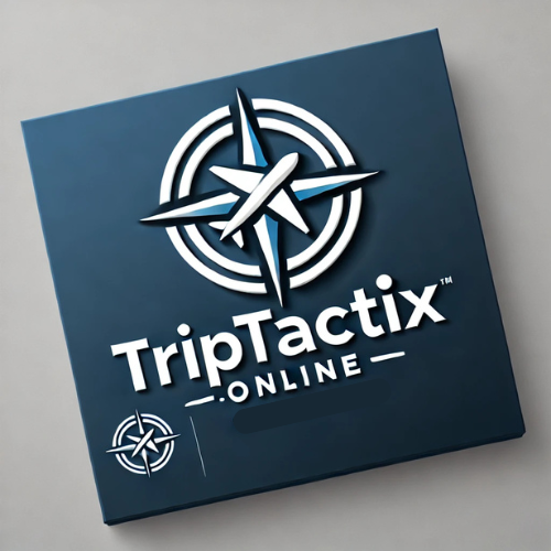TripTactix Online logo featuring a white compass and airplane icon on a dark blue background.