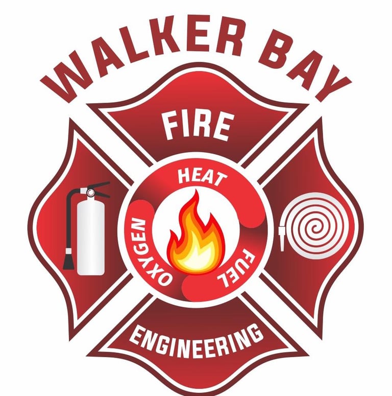 Walker Bay Fire Engineering logo featuring a fire triangle with heat, oxygen, and fuel icons.