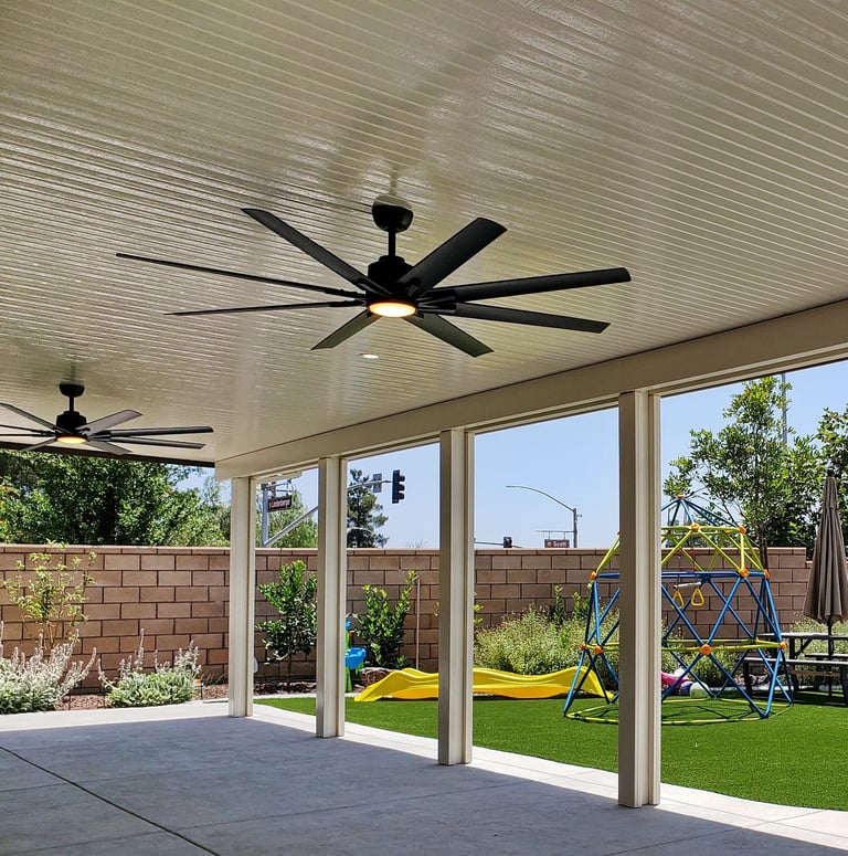 Solid Alumawood Newport style Alumawood cover with ceiling fans in Menifee by SAE Builders.