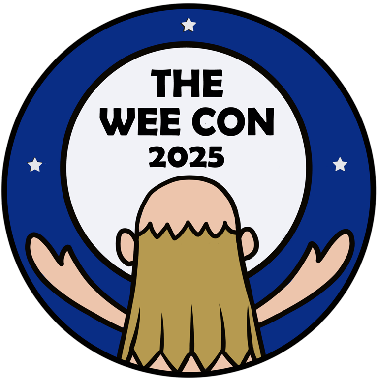 A stylized icon of a cartoon Nathanial Buttons embracing the moon, with text "The Wee Con 2025".