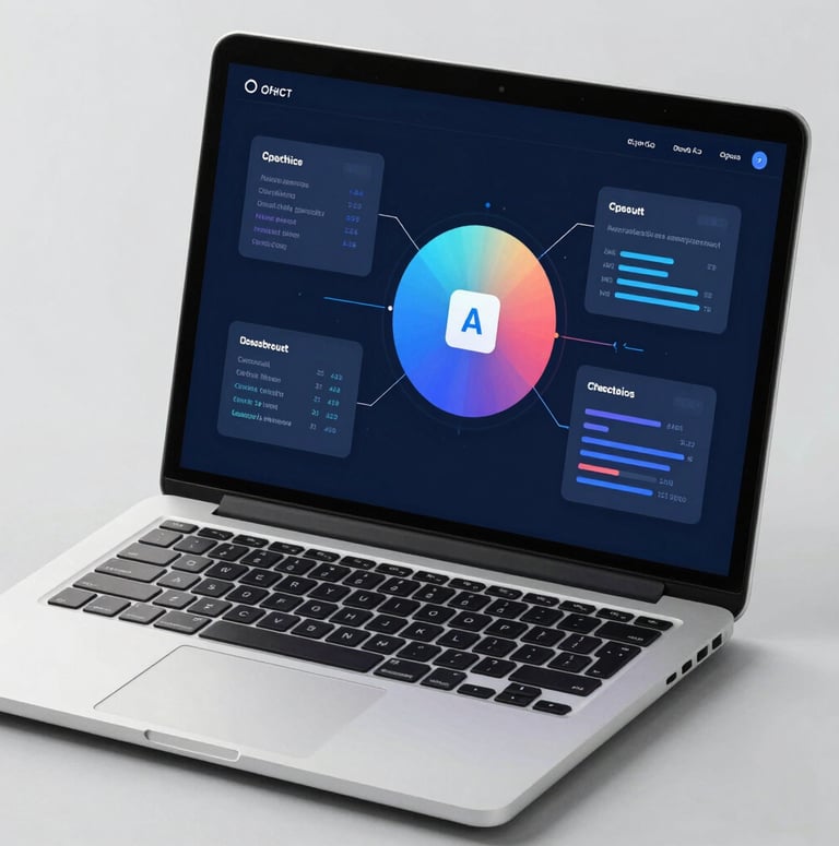 A warm, inviting workspace with deep orange and blue accents, featuring a laptop and a coffee cup.