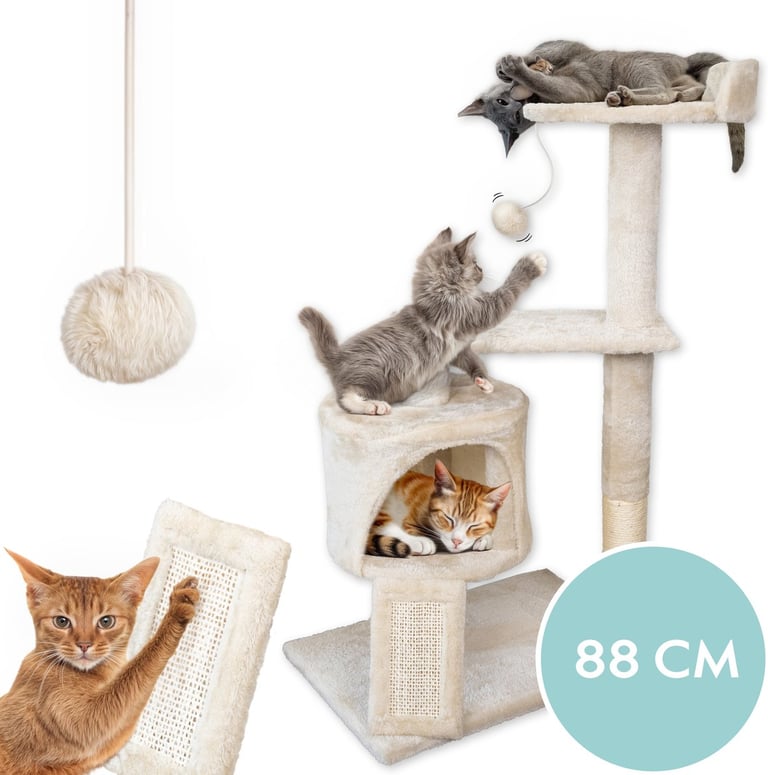 Compacte beige krabpaal van 88 cm met zacht pluche, slaaphuisje en sisal krabplank voor kittens.