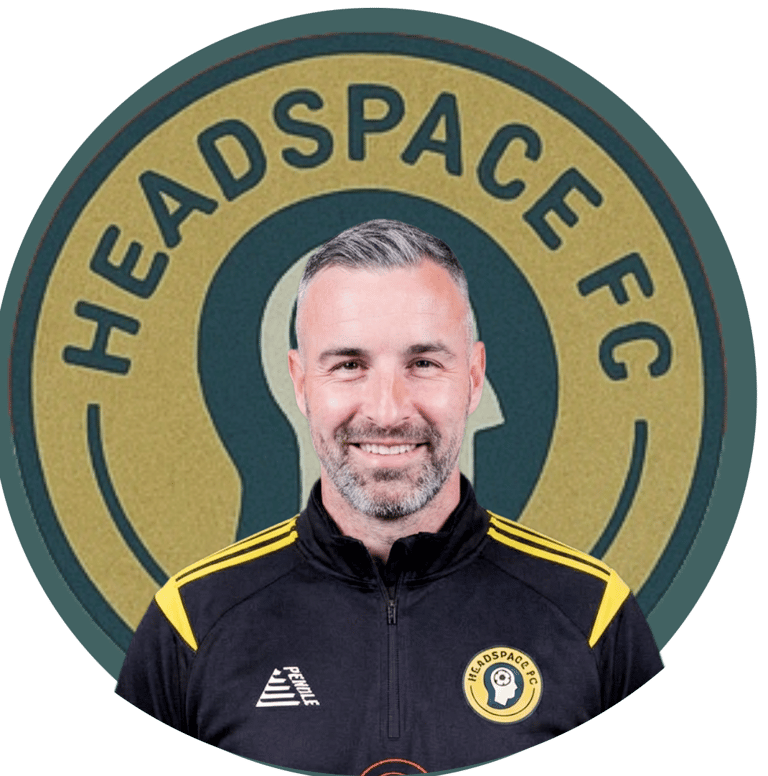 a man with a headspacer and a headset on a green background