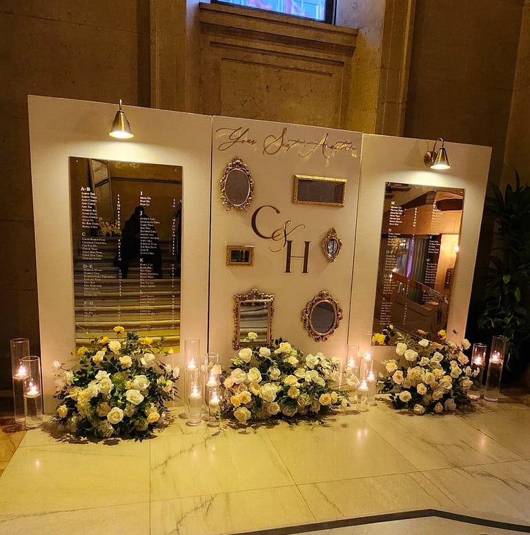 a gold accent wedding seating chart with candles