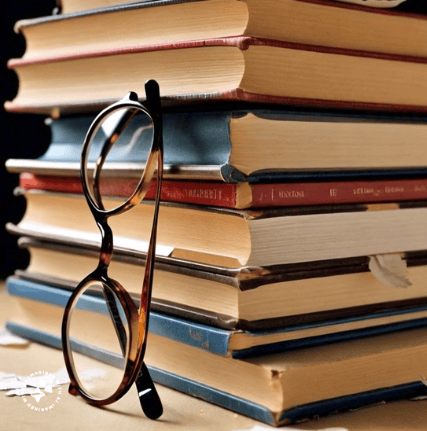 A pair of reading glasses lean against a tall stack of books