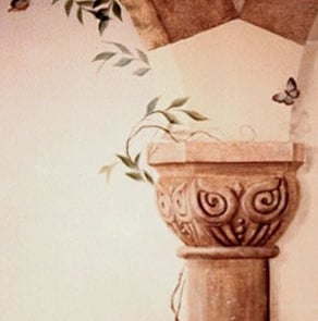 Detailed marble trompe-l'oeil of a column and capital, vines and butterfly, tile showroom mural.