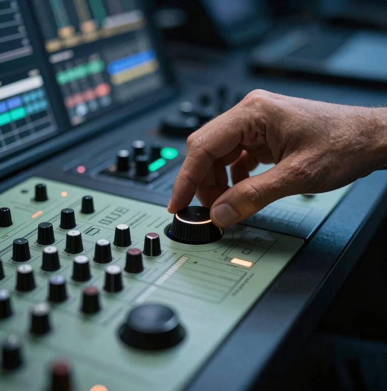 A professional portrait of a video editor's hands moving a precise jog dial. The lighting is moody with deep slate blue shadows and muted sage highlights on the equipment, conveying cutting-edge creativity and technical expertise.